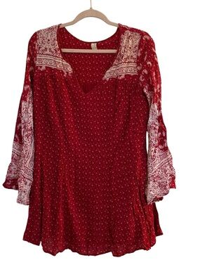 Free People Size Small Paisley Bell Sleeves BOHO Dress Red White .